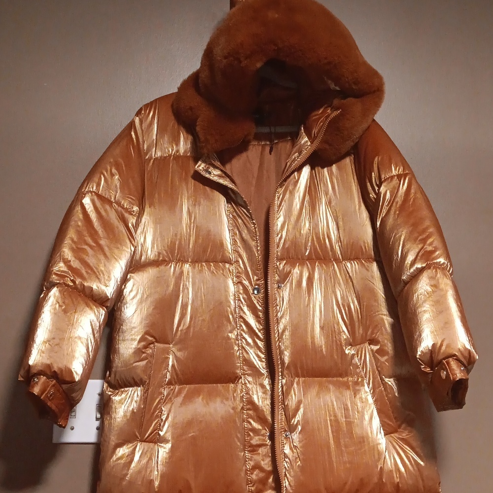 BOOHOO faux fir hoodie high shine long sleeve maxi puffer  jacket. Like new